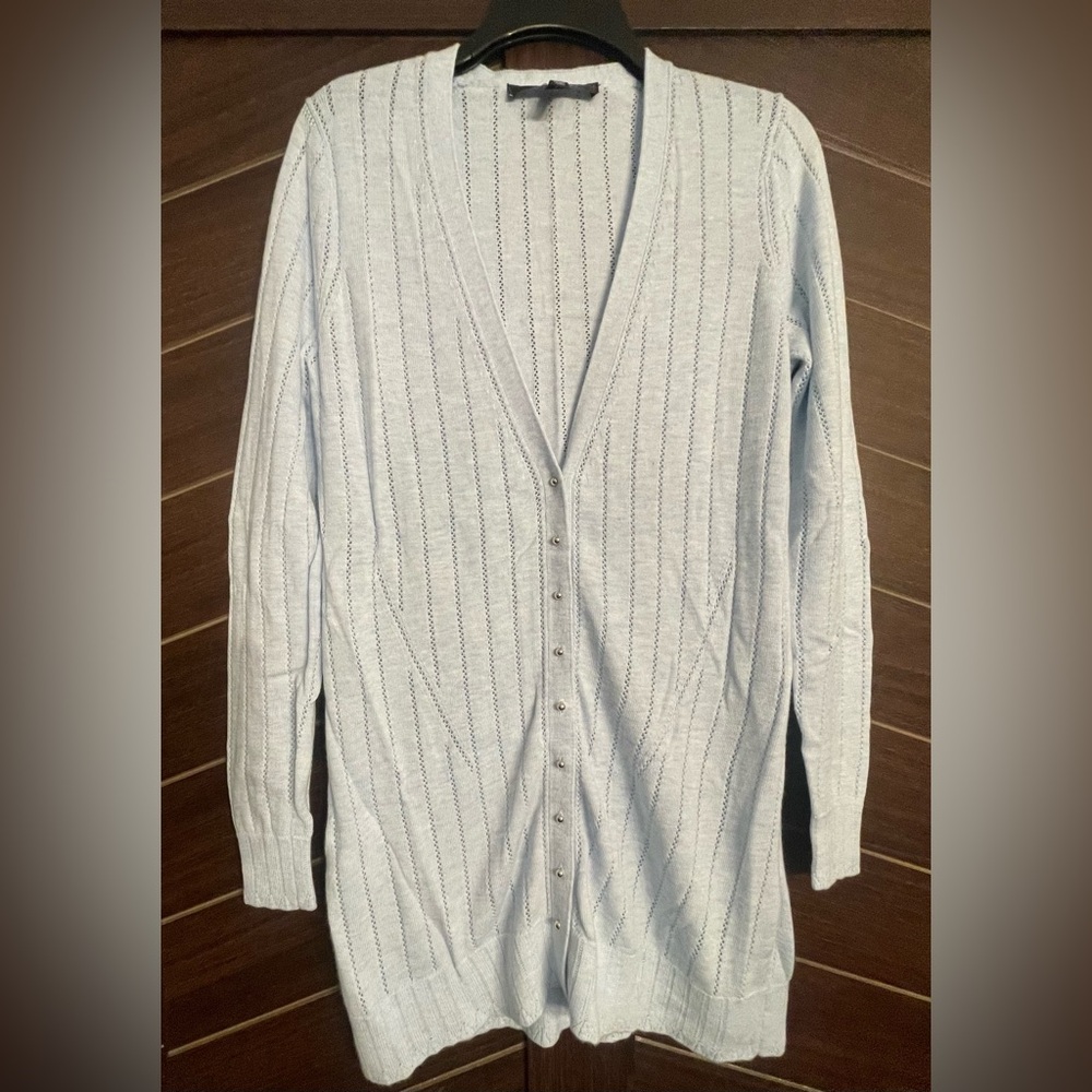 White House black market blue cashmere blend cardigan silver buttons EUC small